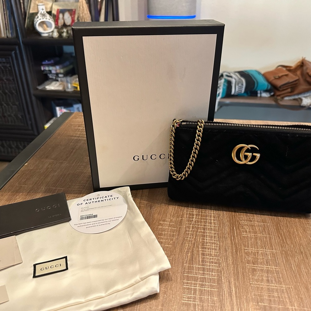 Gucci Black Velvet Clutch with Gold Chain